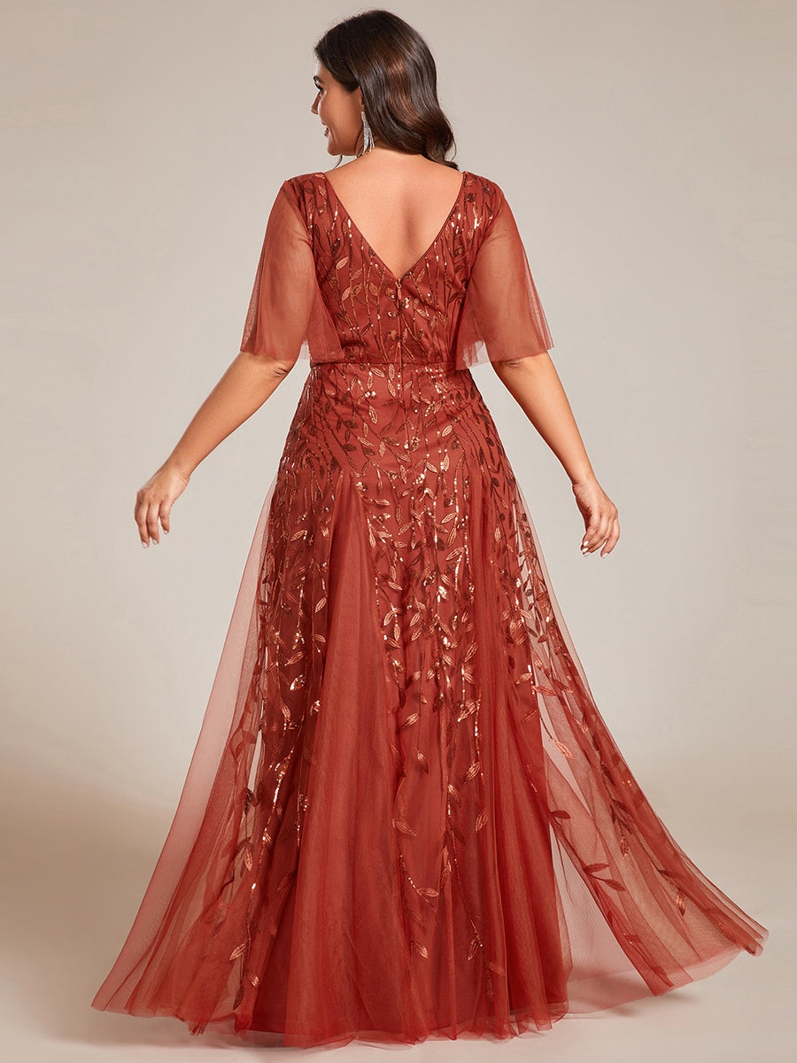 Bodenlanger V-Ausschnitt A-Linie Pailletten Kleid Mit Tiefem V-Ausschnitt Und Funkelnden Details #Farbe_Gebranntes Orange