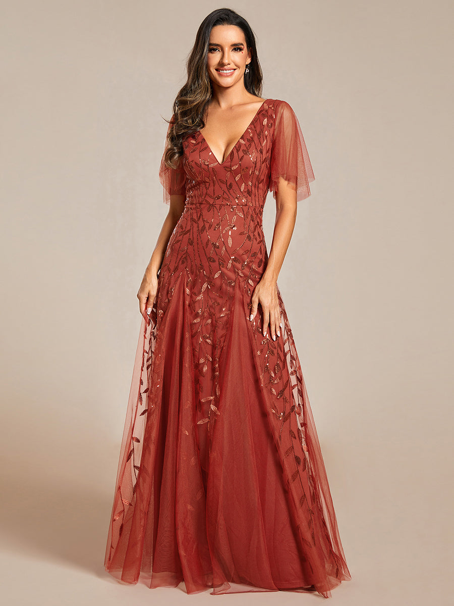 Bodenlanger V-Ausschnitt A-Linie Pailletten Kleid Mit Tiefem V-Ausschnitt Und Funkelnden Details #Farbe_Gebranntes Orange