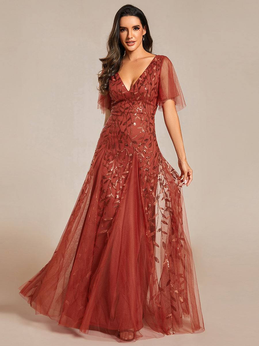 Bodenlanger V-Ausschnitt A-Linie Pailletten Kleid Mit Tiefem V-Ausschnitt Und Funkelnden Details #Farbe_Gebranntes Orange