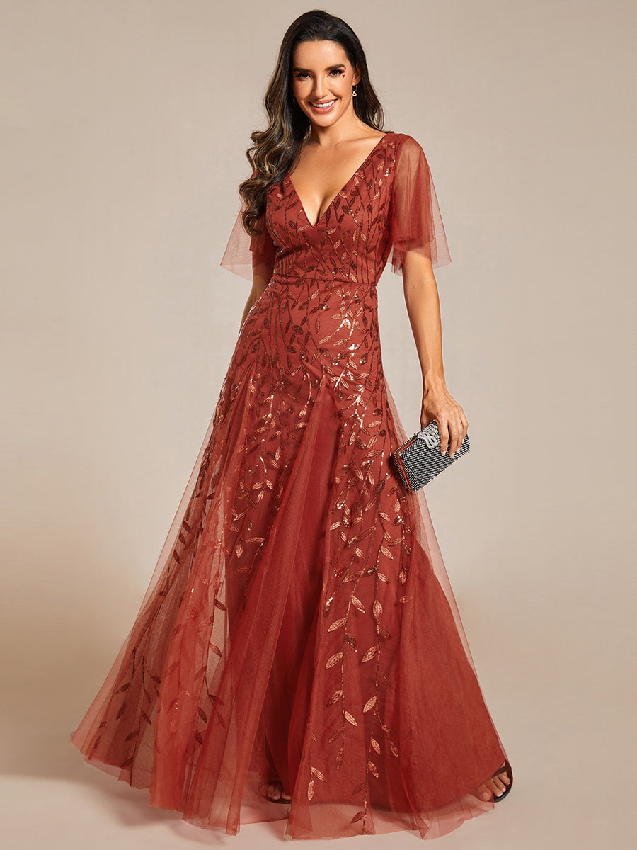 Bodenlanger V-Ausschnitt A-Linie Pailletten Kleid Mit Tiefem V-Ausschnitt Und Funkelnden Details #Farbe_Gebranntes Orange