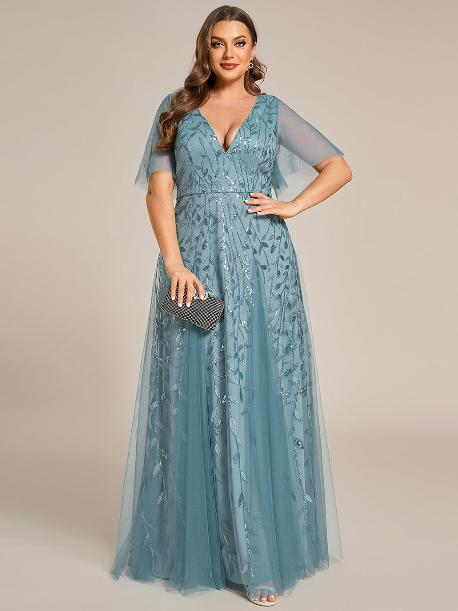 Bodenlanger V-Ausschnitt A-Linie Pailletten Kleid Mit Tiefem V-Ausschnitt Und Funkelnden Details #Farbe_Hellpetrol