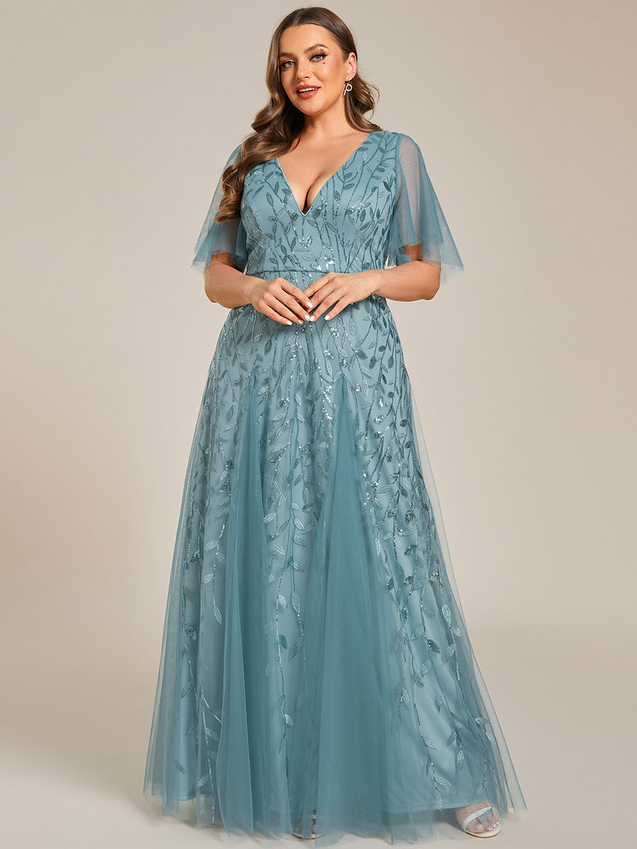 Bodenlanger V-Ausschnitt A-Linie Pailletten Kleid Mit Tiefem V-Ausschnitt Und Funkelnden Details #Farbe_Hellpetrol