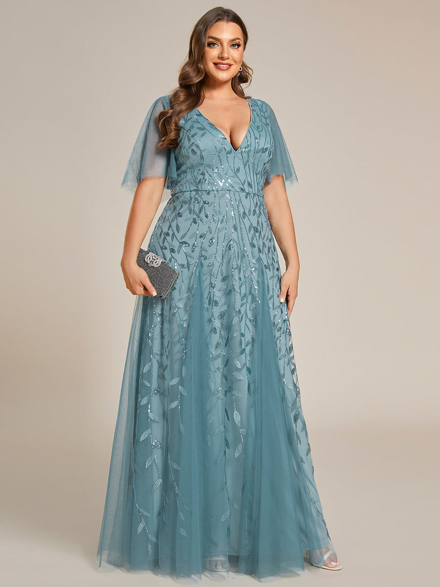Bodenlanger V-Ausschnitt A-Linie Pailletten Kleid Mit Tiefem V-Ausschnitt Und Funkelnden Details #Farbe_Hellpetrol