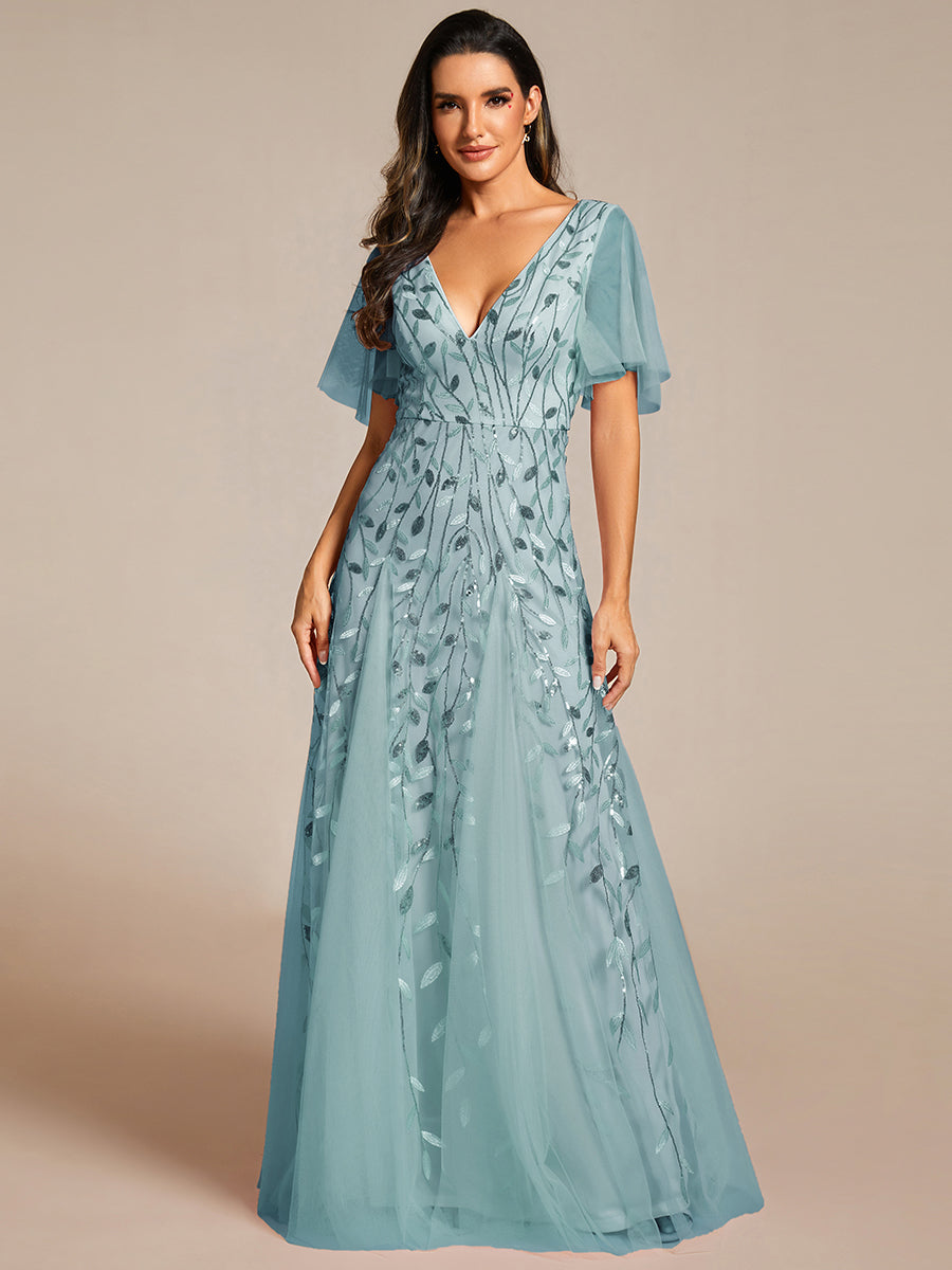 Bodenlanger V-Ausschnitt A-Linie Pailletten Kleid Mit Tiefem V-Ausschnitt Und Funkelnden Details #Farbe_Hellpetrol
