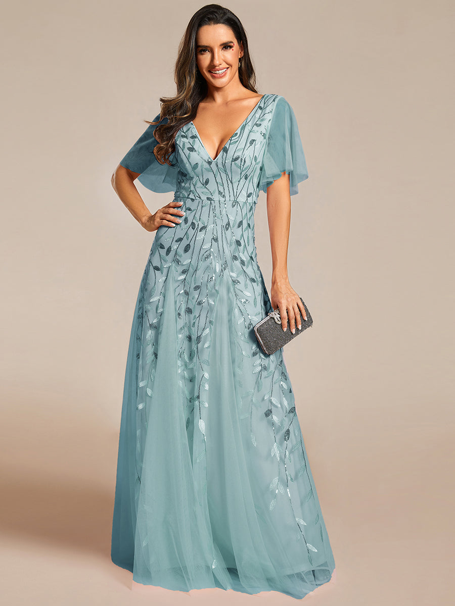 Bodenlanger V-Ausschnitt A-Linie Pailletten Kleid Mit Tiefem V-Ausschnitt Und Funkelnden Details #Farbe_Hellpetrol