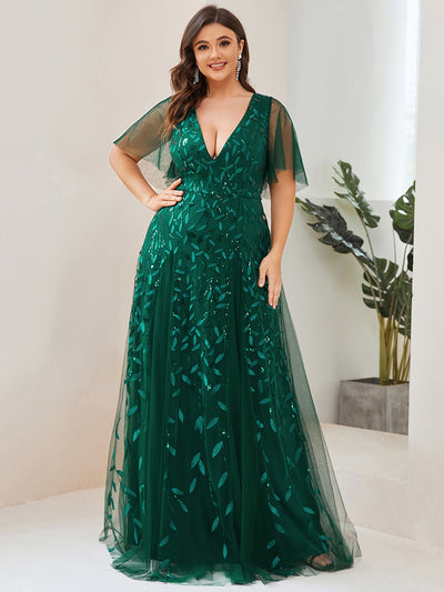 Bodenlanger V-Ausschnitt A-Linie Pailletten Kleid Mit Tiefem V-Ausschnitt Und Funkelnden Details #Farbe_Dunkelgrün