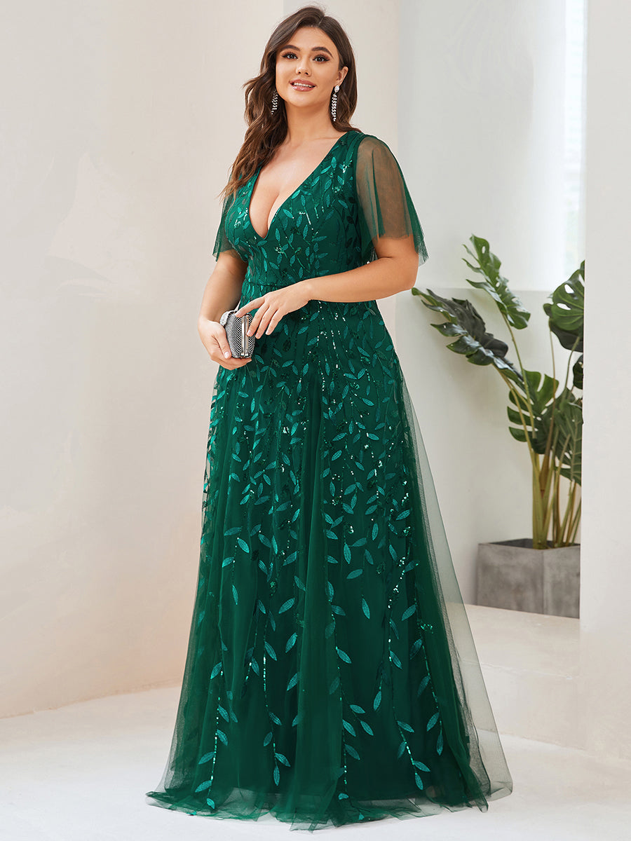 Bodenlanger V-Ausschnitt A-Linie Pailletten Kleid Mit Tiefem V-Ausschnitt Und Funkelnden Details #Farbe_Dunkelgrün