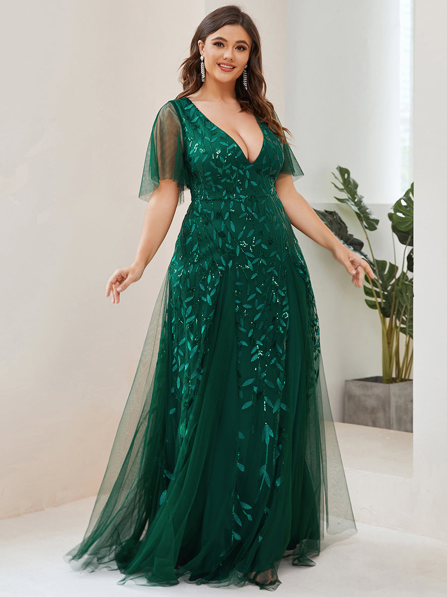 Bodenlanger V-Ausschnitt A-Linie Pailletten Kleid Mit Tiefem V-Ausschnitt Und Funkelnden Details #Farbe_Dunkelgrün