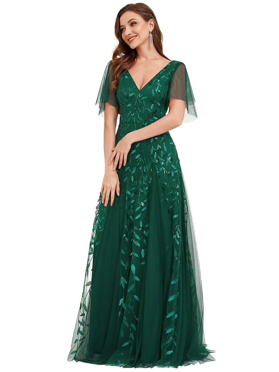 Bodenlanger V-Ausschnitt A-Linie Pailletten Kleid Mit Tiefem V-Ausschnitt Und Funkelnden Details #Farbe_Dunkelgrün