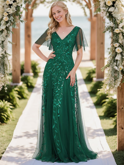 Bodenlanger V-Ausschnitt A-Linie Pailletten Kleid Mit Tiefem V-Ausschnitt Und Funkelnden Details #Farbe_Dunkelgrün