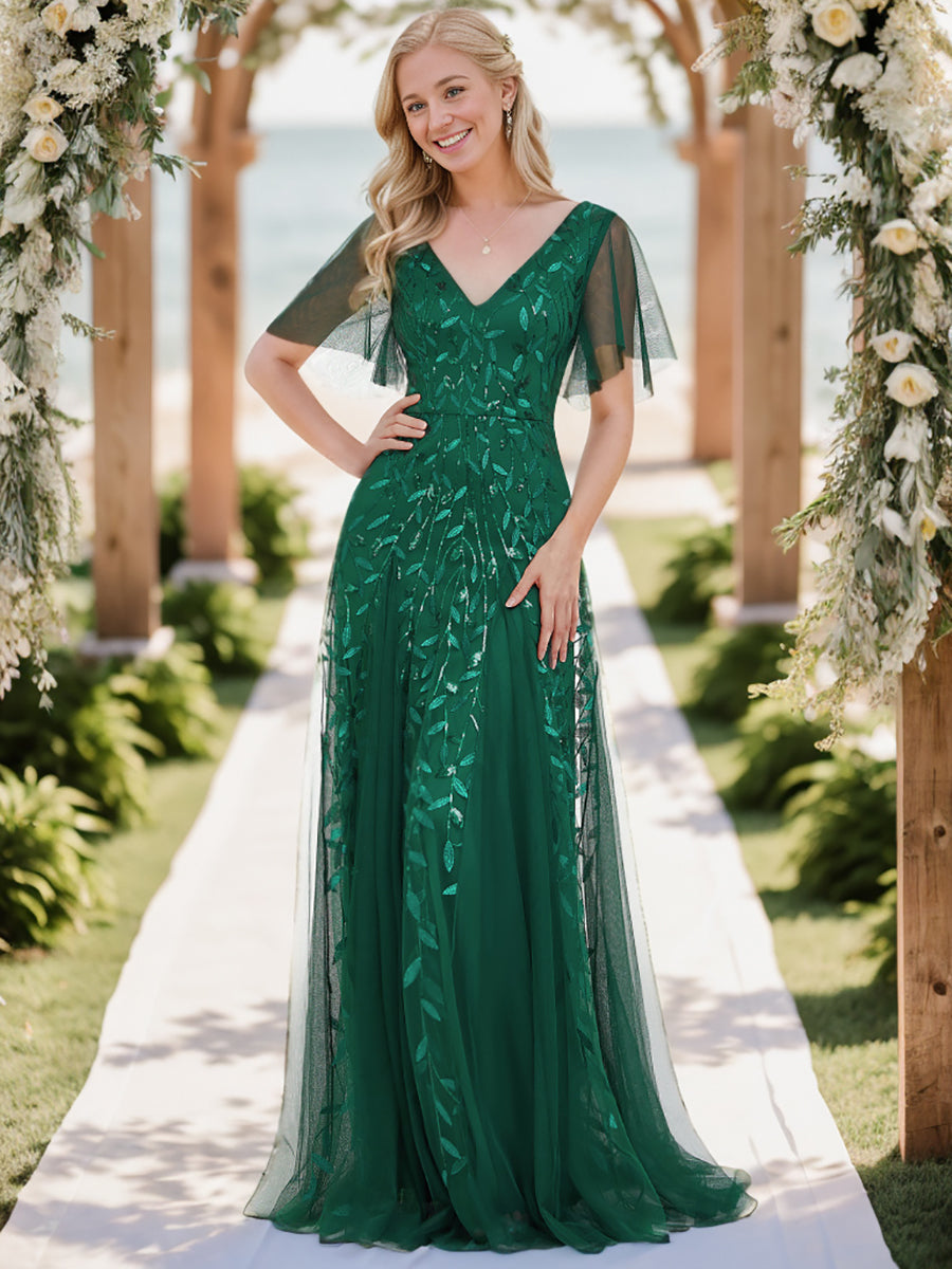 Bodenlanger V-Ausschnitt A-Linie Pailletten Kleid Mit Tiefem V-Ausschnitt Und Funkelnden Details #Farbe_Dunkelgrün