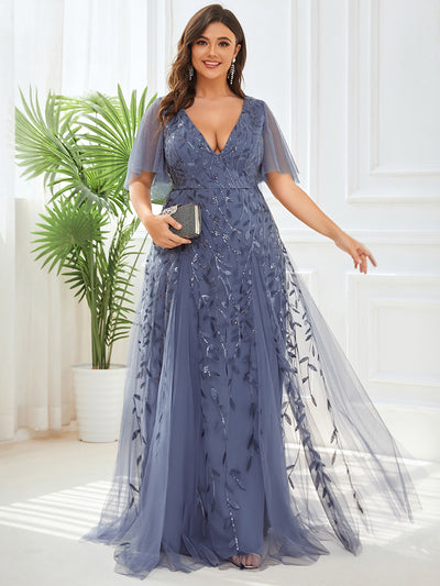 Bodenlanger V-Ausschnitt A-Linie Pailletten Kleid Mit Tiefem V-Ausschnitt Und Funkelnden Details #Farbe_Taubenblau