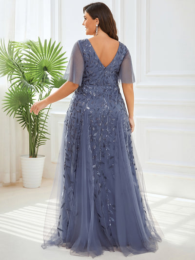 Bodenlanger V-Ausschnitt A-Linie Pailletten Kleid Mit Tiefem V-Ausschnitt Und Funkelnden Details #Farbe_Taubenblau