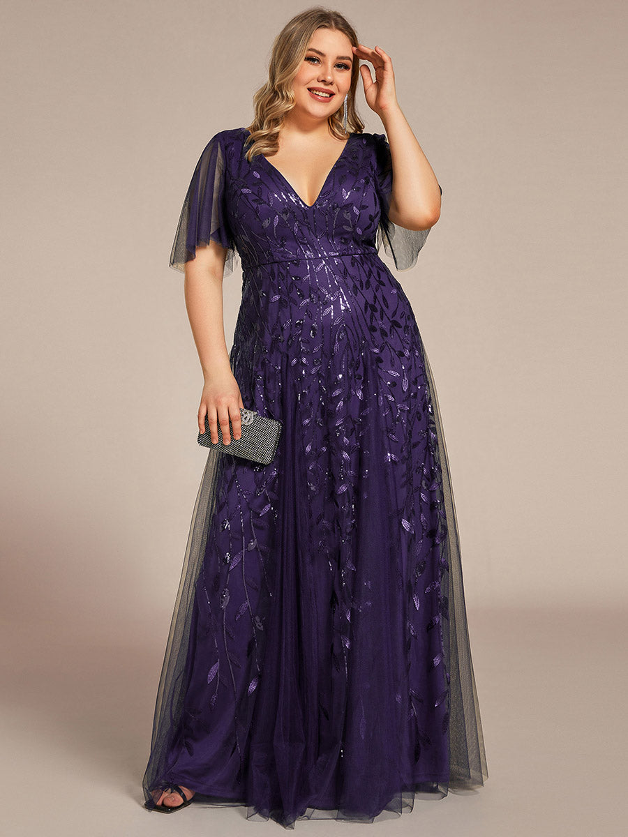 Bodenlanger V-Ausschnitt A-Linie Pailletten Kleid Mit Tiefem V-Ausschnitt Und Funkelnden Details #Farbe_Dunkelviolett