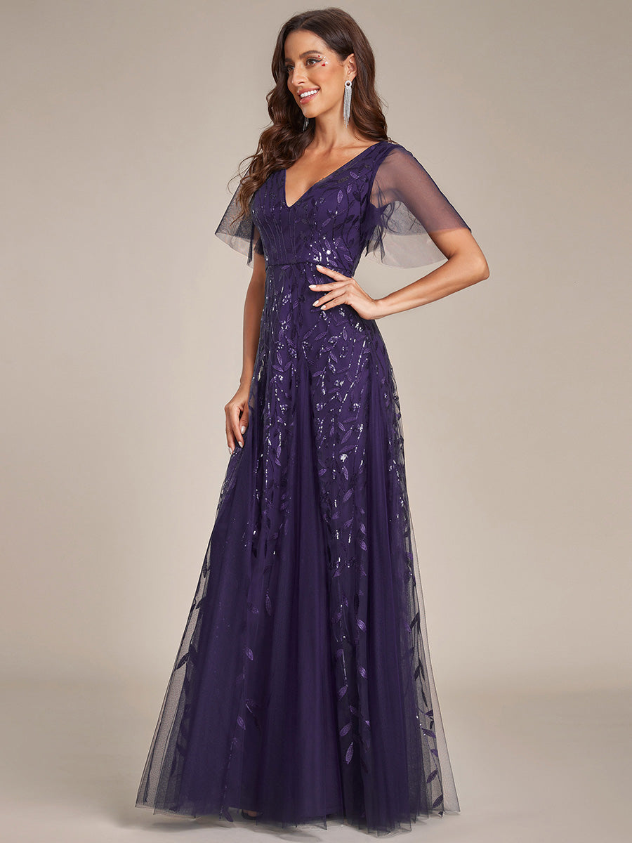 Bodenlanger V-Ausschnitt A-Linie Pailletten Kleid Mit Tiefem V-Ausschnitt Und Funkelnden Details #Farbe_Dunkelviolett