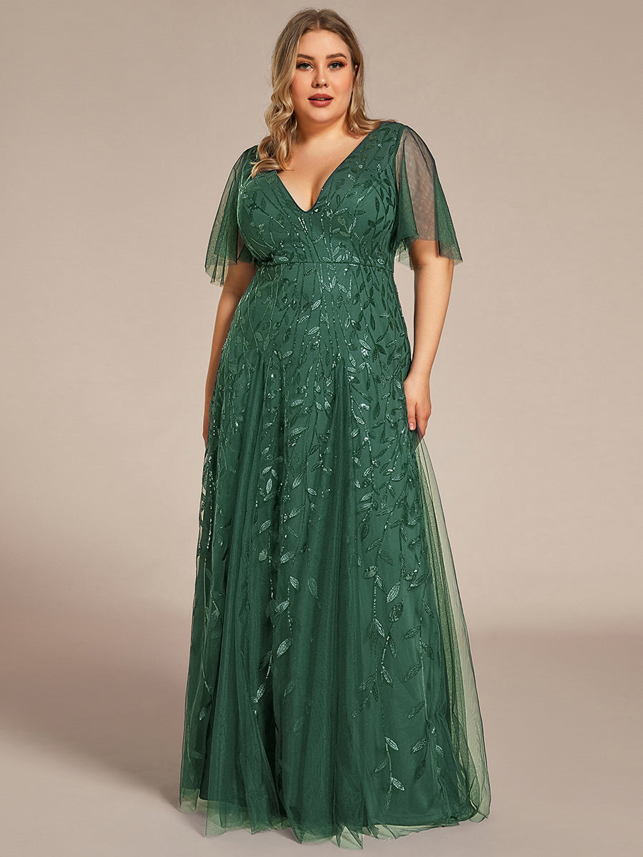 Bodenlanger V-Ausschnitt A-Linie Pailletten Kleid Mit Tiefem V-Ausschnitt Und Funkelnden Details #Farbe_Eukalyptus