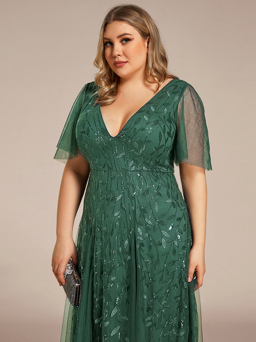 Bodenlanger V-Ausschnitt A-Linie Pailletten Kleid Mit Tiefem V-Ausschnitt Und Funkelnden Details #Farbe_Eukalyptus