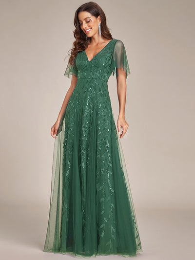 Bodenlanger V-Ausschnitt A-Linie Pailletten Kleid Mit Tiefem V-Ausschnitt Und Funkelnden Details #Farbe_Eukalyptus