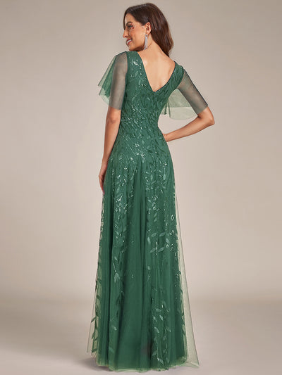 Bodenlanger V-Ausschnitt A-Linie Pailletten Kleid Mit Tiefem V-Ausschnitt Und Funkelnden Details #Farbe_Eukalyptus