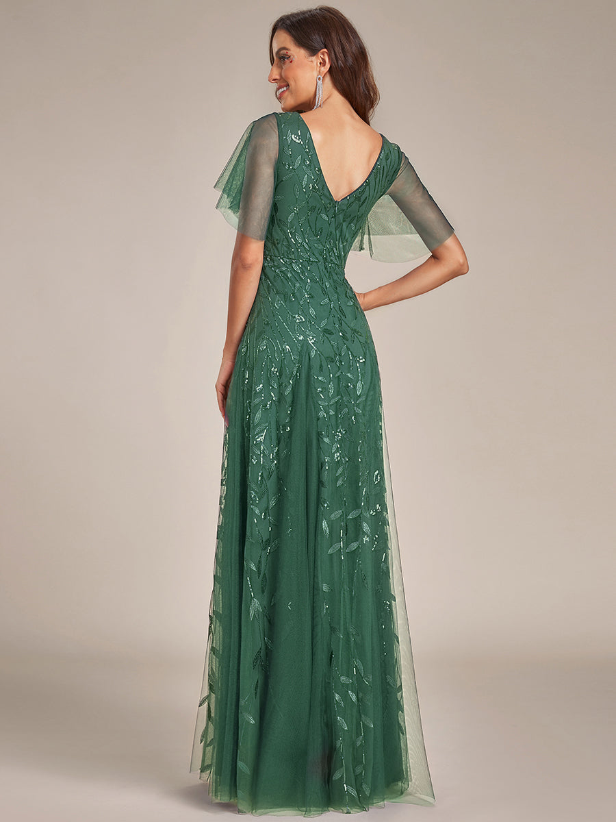 Bodenlanger V-Ausschnitt A-Linie Pailletten Kleid Mit Tiefem V-Ausschnitt Und Funkelnden Details #Farbe_Eukalyptus