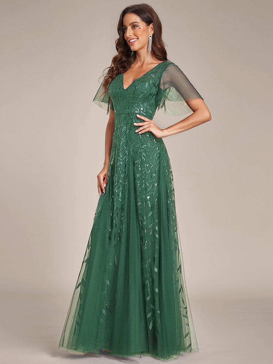 Bodenlanger V-Ausschnitt A-Linie Pailletten Kleid Mit Tiefem V-Ausschnitt Und Funkelnden Details #Farbe_Eukalyptus