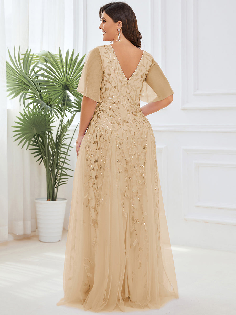 Bodenlanger V-Ausschnitt A-Linie Pailletten Kleid Mit Tiefem V-Ausschnitt Und Funkelnden Details #Farbe_Gold