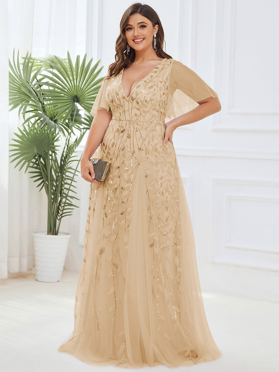 Bodenlanger V-Ausschnitt A-Linie Pailletten Kleid Mit Tiefem V-Ausschnitt Und Funkelnden Details #Farbe_Gold