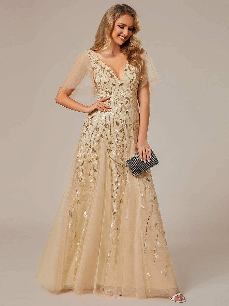Bodenlanger V-Ausschnitt A-Linie Pailletten Kleid Mit Tiefem V-Ausschnitt Und Funkelnden Details #Farbe_Gold