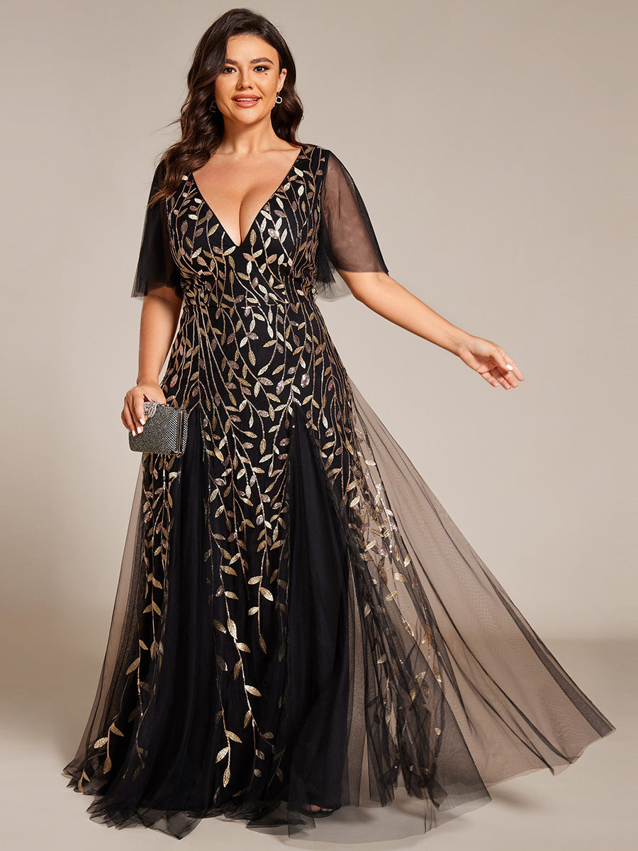 Bodenlanger V-Ausschnitt A-Linie Pailletten Kleid Mit Tiefem V-Ausschnitt Und Funkelnden Details #Farbe_Schwarz & Gold