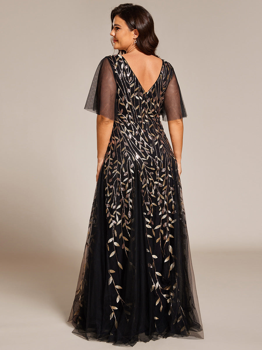 Bodenlanger V-Ausschnitt A-Linie Pailletten Kleid Mit Tiefem V-Ausschnitt Und Funkelnden Details #Farbe_Schwarz & Gold