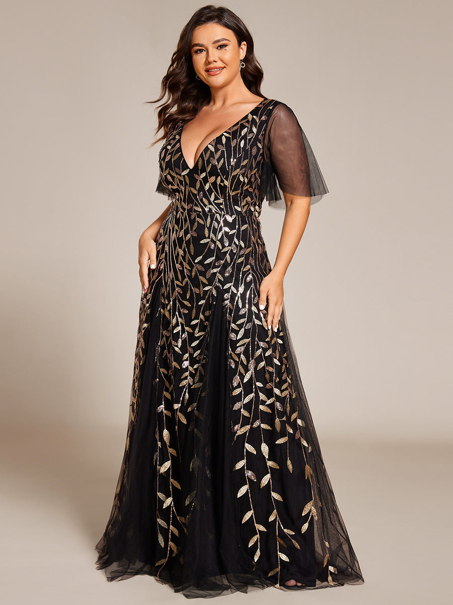 Bodenlanger V-Ausschnitt A-Linie Pailletten Kleid Mit Tiefem V-Ausschnitt Und Funkelnden Details #Farbe_Schwarz & Gold