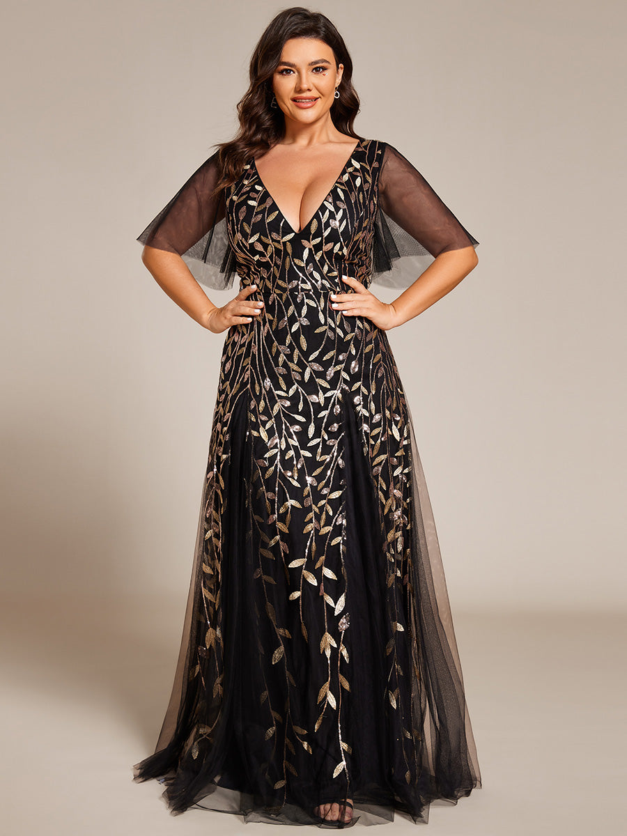 Bodenlanger V-Ausschnitt A-Linie Pailletten Kleid Mit Tiefem V-Ausschnitt Und Funkelnden Details #Farbe_Schwarz & Gold