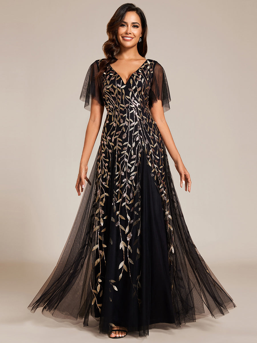 Bodenlanger V-Ausschnitt A-Linie Pailletten Kleid Mit Tiefem V-Ausschnitt Und Funkelnden Details #Farbe_Schwarz & Gold