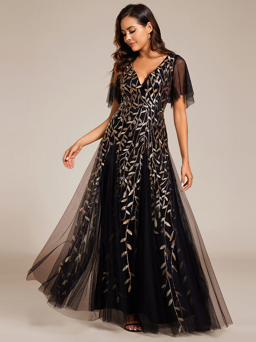 Bodenlanger V-Ausschnitt A-Linie Pailletten Kleid Mit Tiefem V-Ausschnitt Und Funkelnden Details #Farbe_Schwarz & Gold