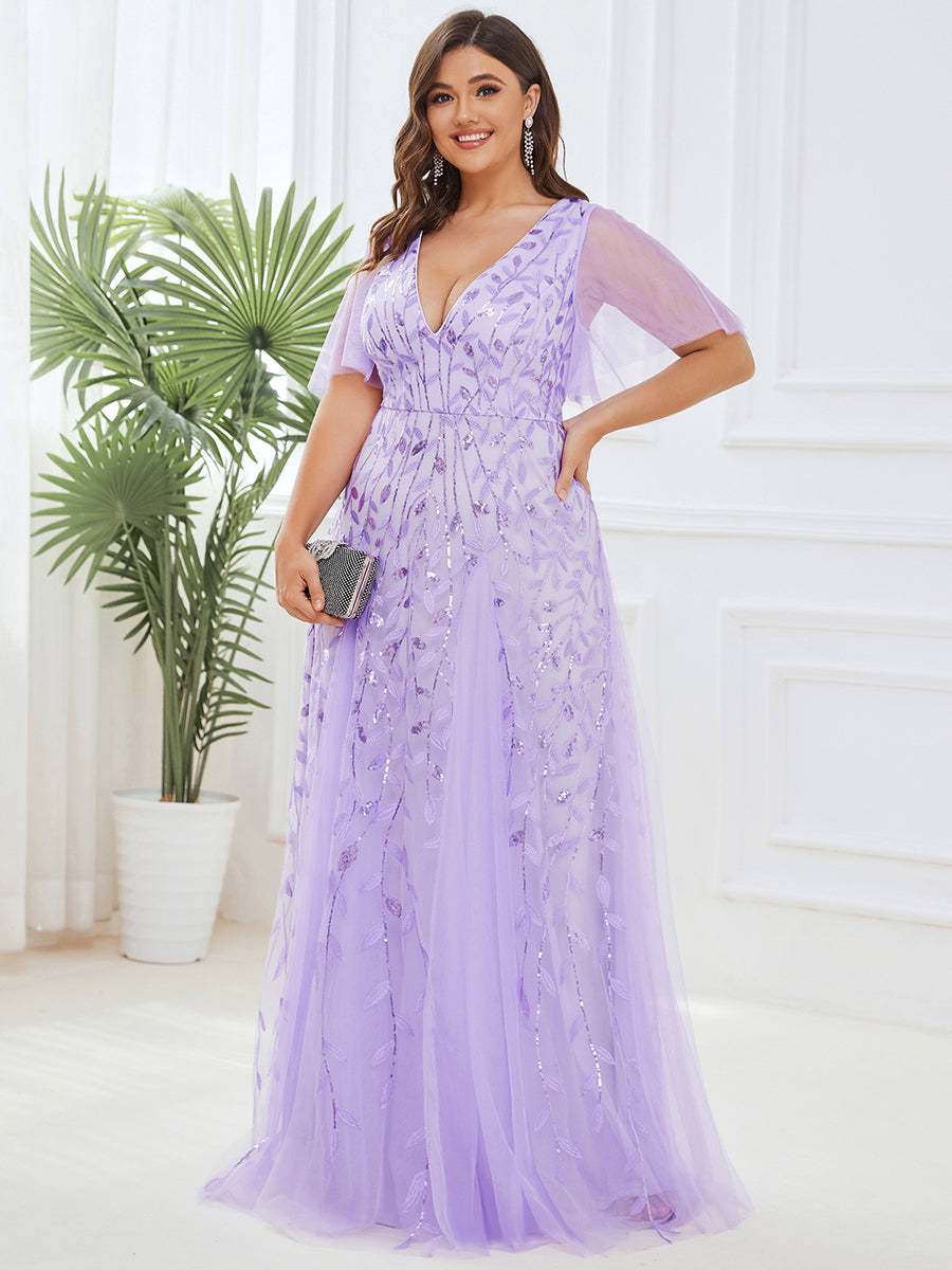 Bodenlanger V-Ausschnitt A-Linie Pailletten Kleid Mit Tiefem V-Ausschnitt Und Funkelnden Details #Farbe_Lavendel