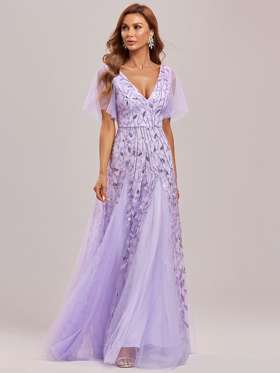 Bodenlanger V-Ausschnitt A-Linie Pailletten Kleid Mit Tiefem V-Ausschnitt Und Funkelnden Details #Farbe_Lavendel