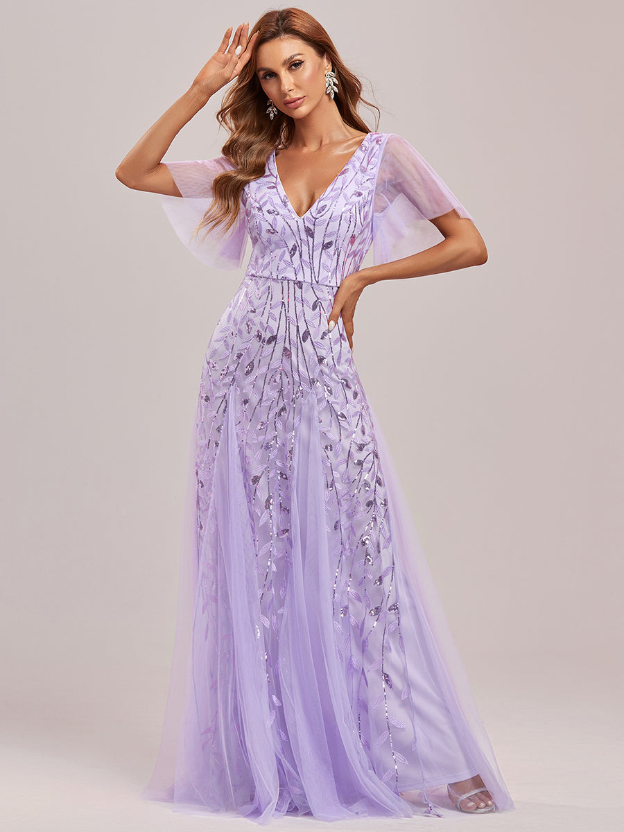 Bodenlanger V-Ausschnitt A-Linie Pailletten Kleid Mit Tiefem V-Ausschnitt Und Funkelnden Details #Farbe_Lavendel