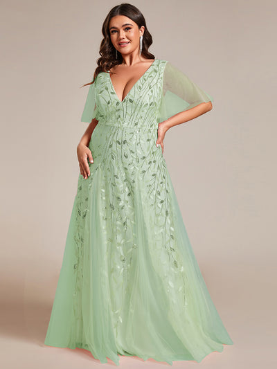 Bodenlanger V-Ausschnitt A-Linie Pailletten Kleid Mit Tiefem V-Ausschnitt Und Funkelnden Details #Farbe_Mintgrün