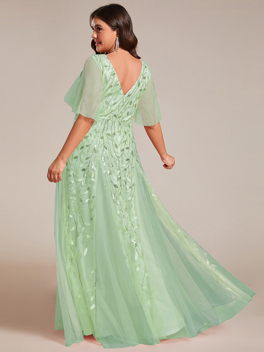 Bodenlanger V-Ausschnitt A-Linie Pailletten Kleid Mit Tiefem V-Ausschnitt Und Funkelnden Details #Farbe_Mintgrün
