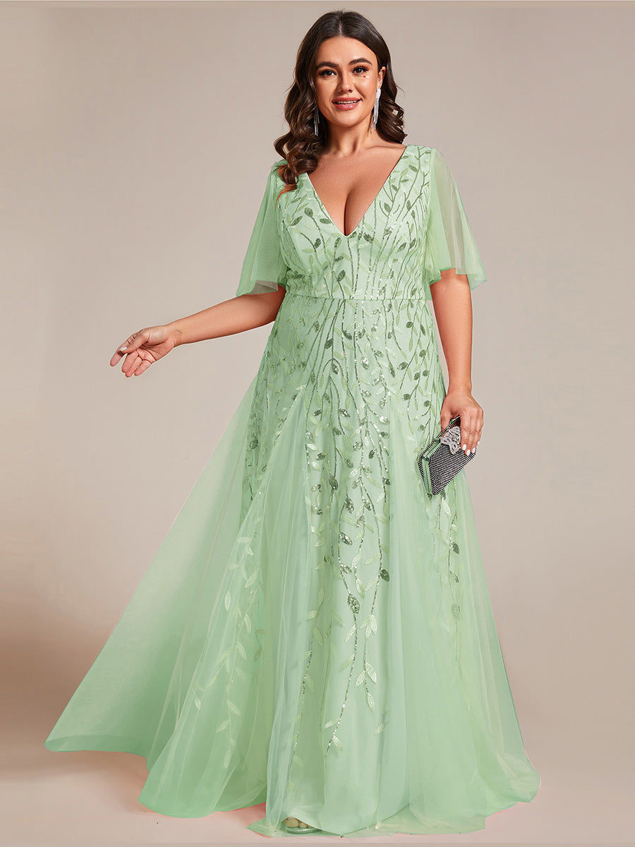 Bodenlanger V-Ausschnitt A-Linie Pailletten Kleid Mit Tiefem V-Ausschnitt Und Funkelnden Details #Farbe_Mintgrün