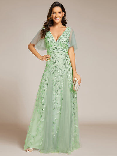 Bodenlanger V-Ausschnitt A-Linie Pailletten Kleid Mit Tiefem V-Ausschnitt Und Funkelnden Details #Farbe_Mintgrün