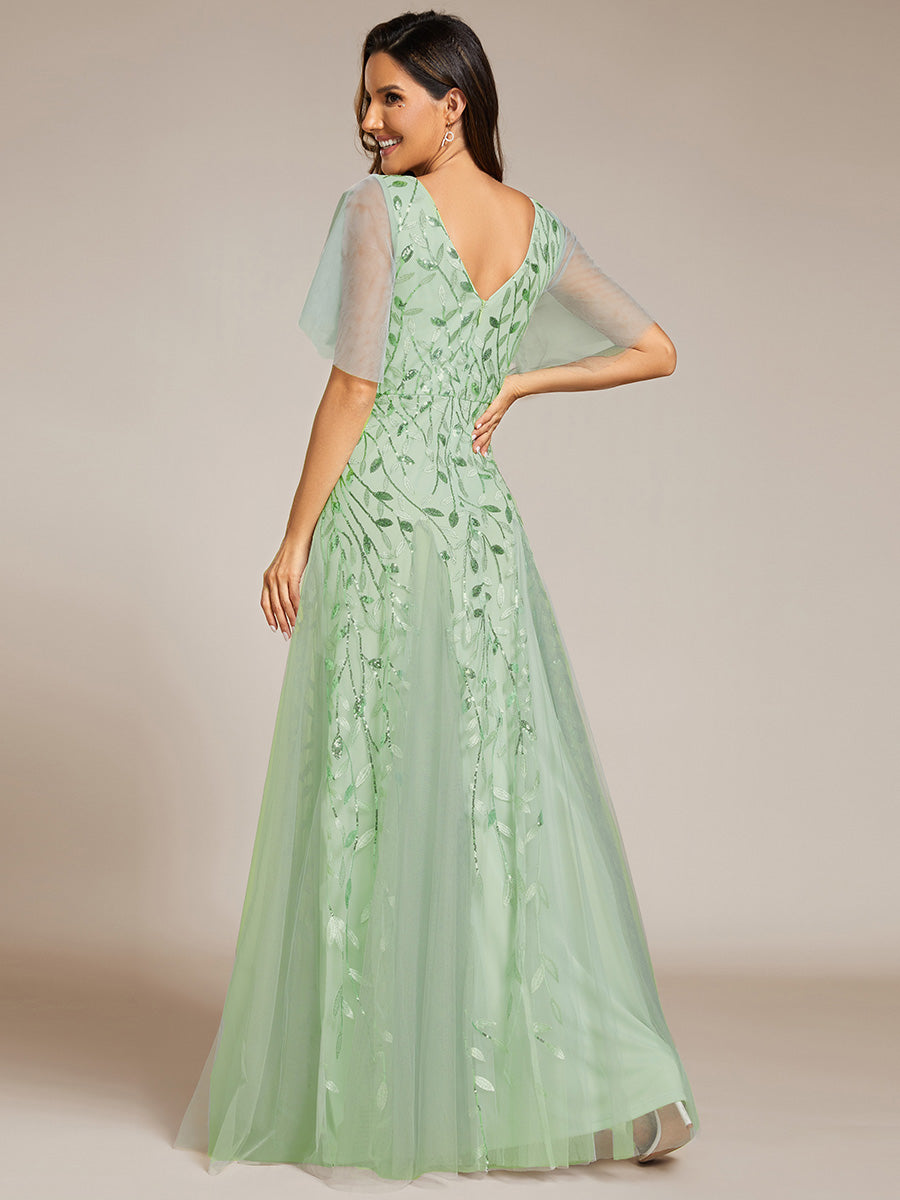 Bodenlanger V-Ausschnitt A-Linie Pailletten Kleid Mit Tiefem V-Ausschnitt Und Funkelnden Details #Farbe_Mintgrün