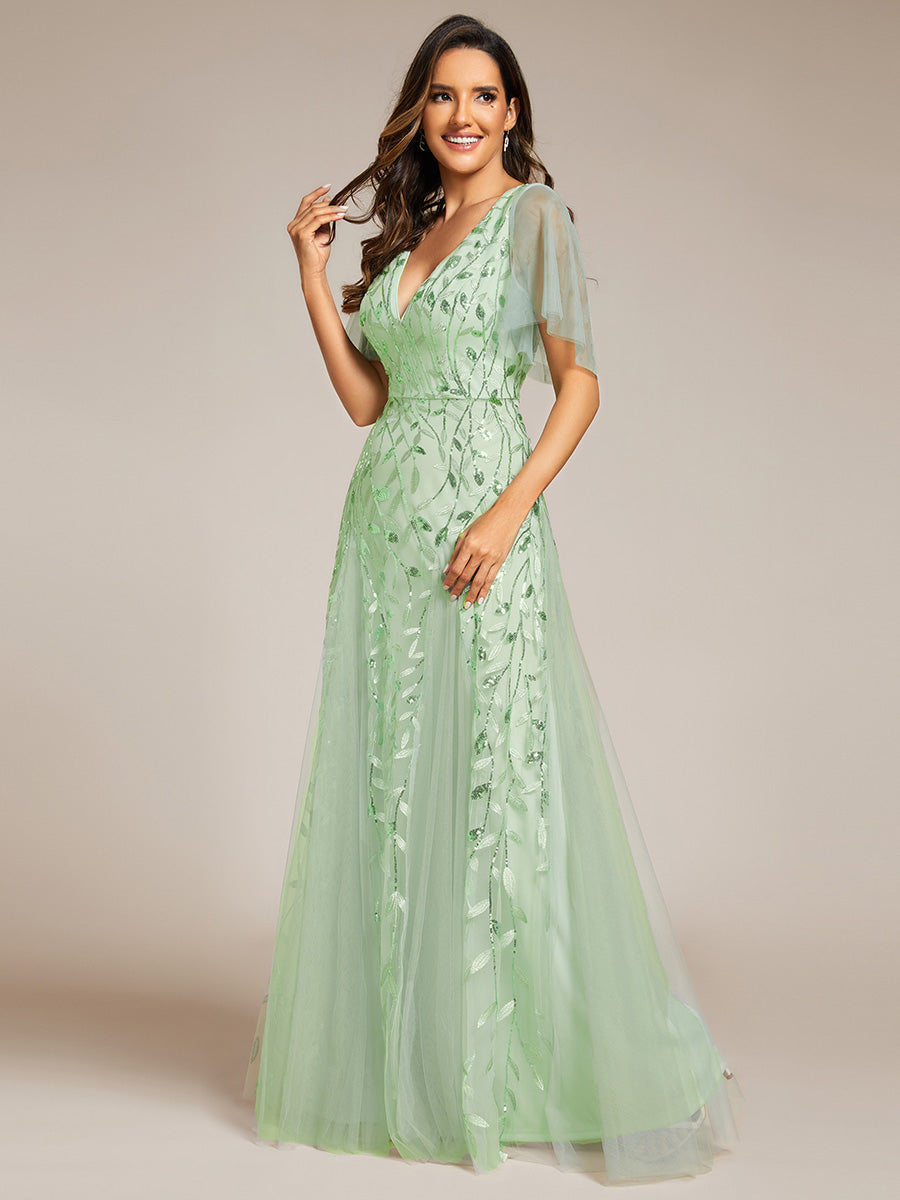 Bodenlanger V-Ausschnitt A-Linie Pailletten Kleid Mit Tiefem V-Ausschnitt Und Funkelnden Details #Farbe_Mintgrün
