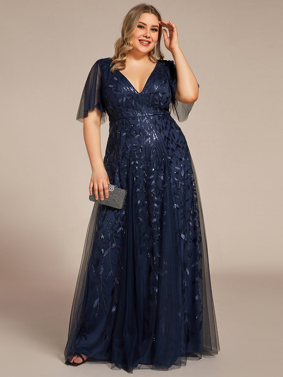 Bodenlanger V-Ausschnitt A-Linie Pailletten Kleid Mit Tiefem V-Ausschnitt Und Funkelnden Details #Farbe_Marineblau