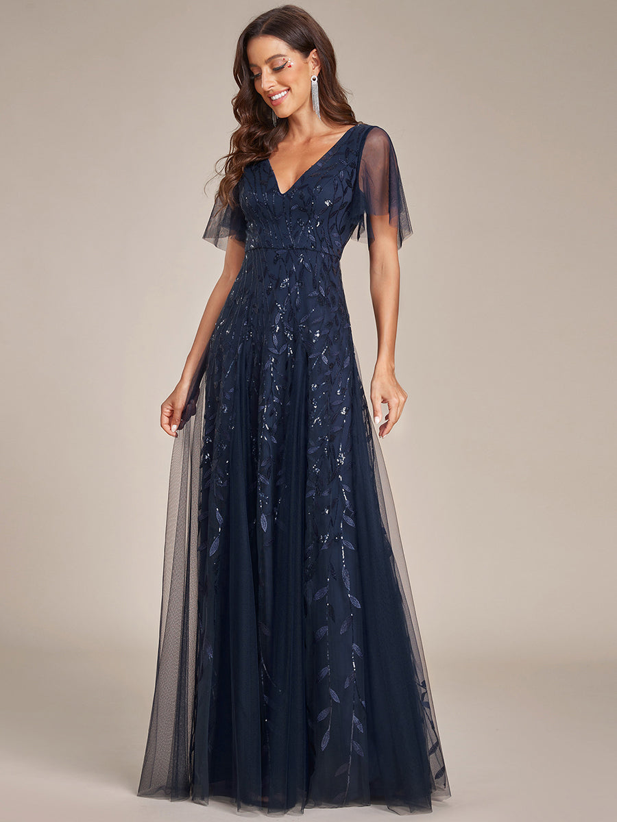 Bodenlanger V-Ausschnitt A-Linie Pailletten Kleid Mit Tiefem V-Ausschnitt Und Funkelnden Details #Farbe_Marineblau