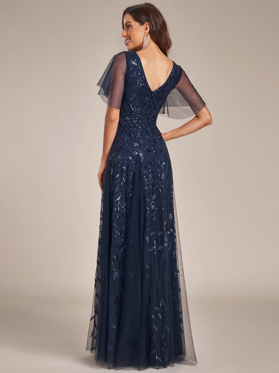 Bodenlanger V-Ausschnitt A-Linie Pailletten Kleid Mit Tiefem V-Ausschnitt Und Funkelnden Details #Farbe_Marineblau