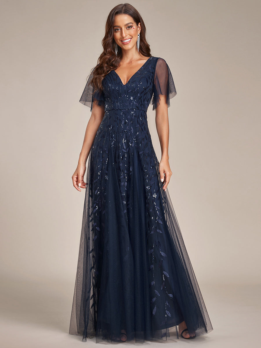 Bodenlanger V-Ausschnitt A-Linie Pailletten Kleid Mit Tiefem V-Ausschnitt Und Funkelnden Details #Farbe_Marineblau