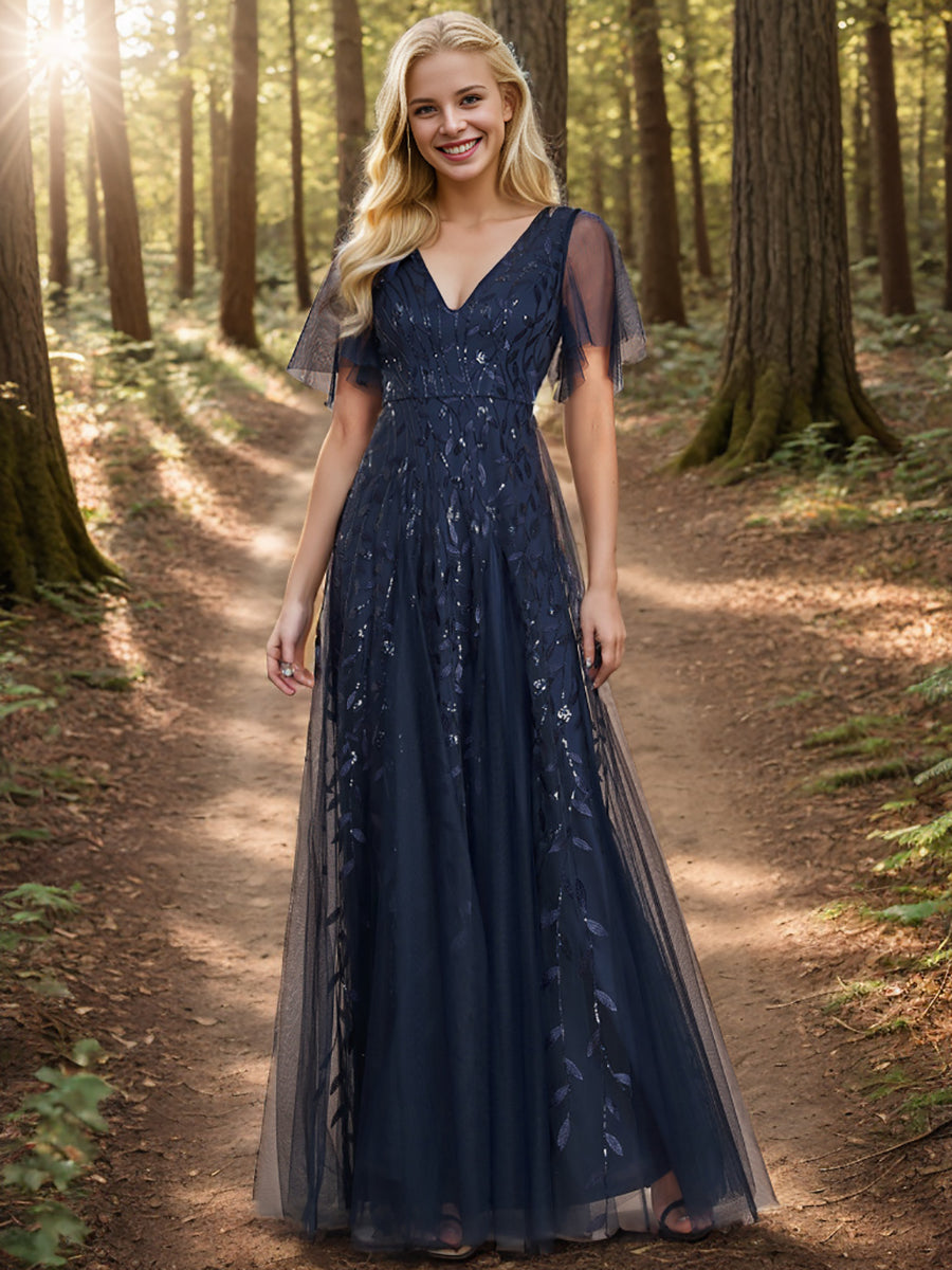 Bodenlanger V-Ausschnitt A-Linie Pailletten Kleid Mit Tiefem V-Ausschnitt Und Funkelnden Details #Farbe_Marineblau