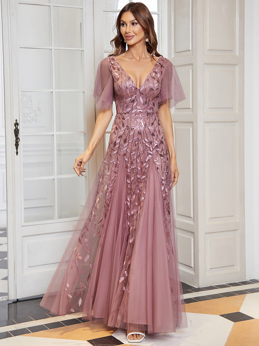 Bodenlanger V-Ausschnitt A-Linie Pailletten Kleid Mit Tiefem V-Ausschnitt Und Funkelnden Details #Farbe_Orchideenviolett