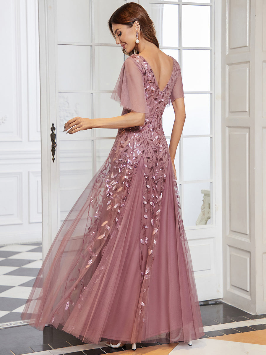 Bodenlanger V-Ausschnitt A-Linie Pailletten Kleid Mit Tiefem V-Ausschnitt Und Funkelnden Details #Farbe_Orchideenviolett